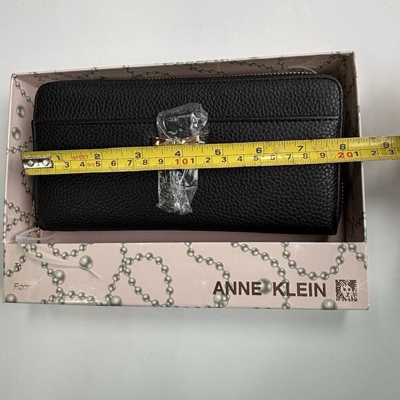 New Anne Klein Women’s Zip-Around Wristlet Wallet Black With Gold Colored Bow - Picture 9 of 10
